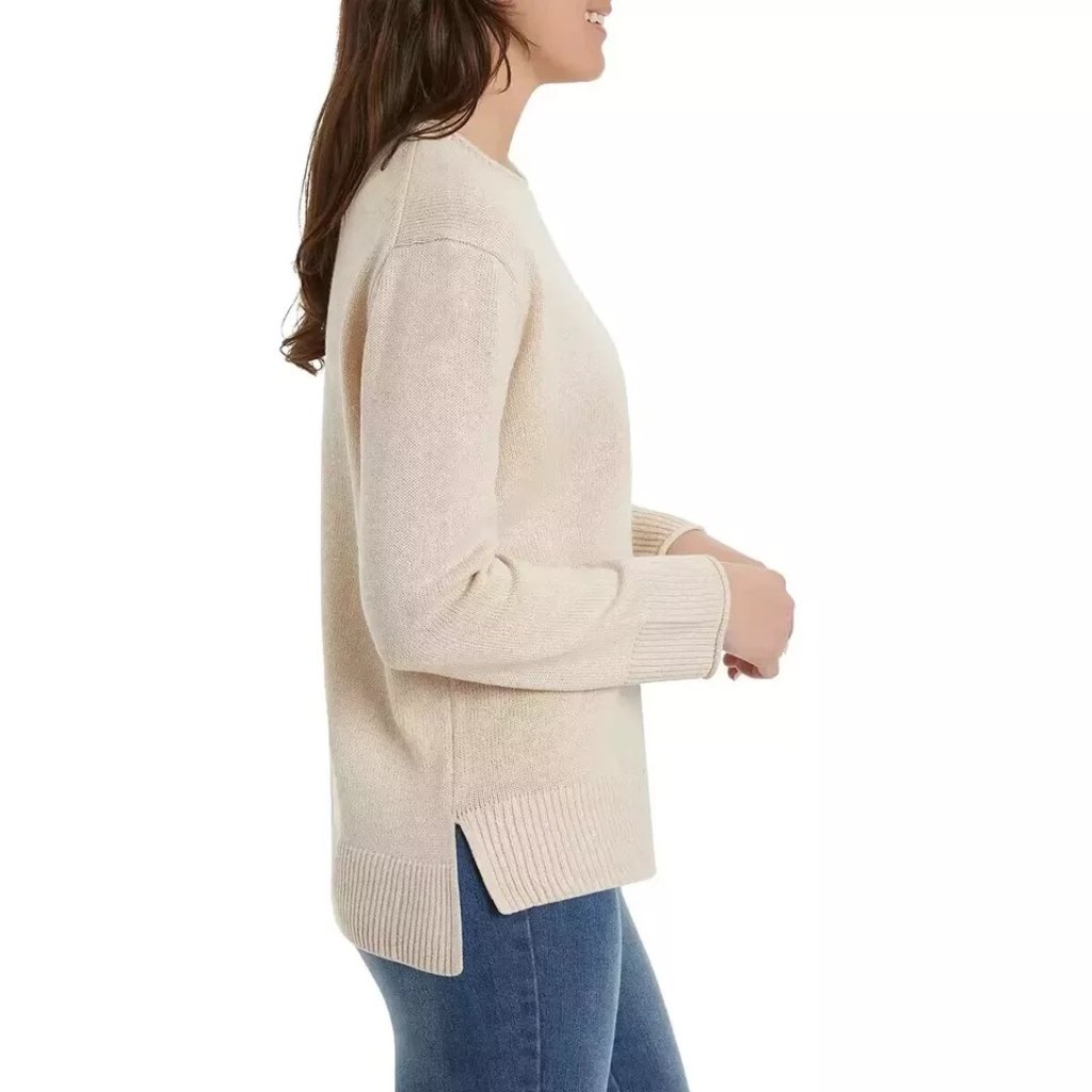 Ella Moss Med Crew Neck Soft Knit Pullover Sweater Long Sleeve High-Low Top Tan — image 3 of 4